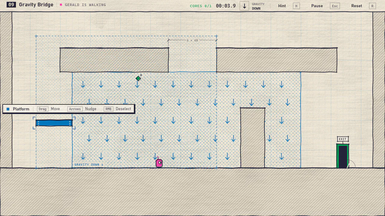 Level 9, Gravity Bridge: Gerald, a small pink figure, walks under a blue gravity field while a blue platform is selected.