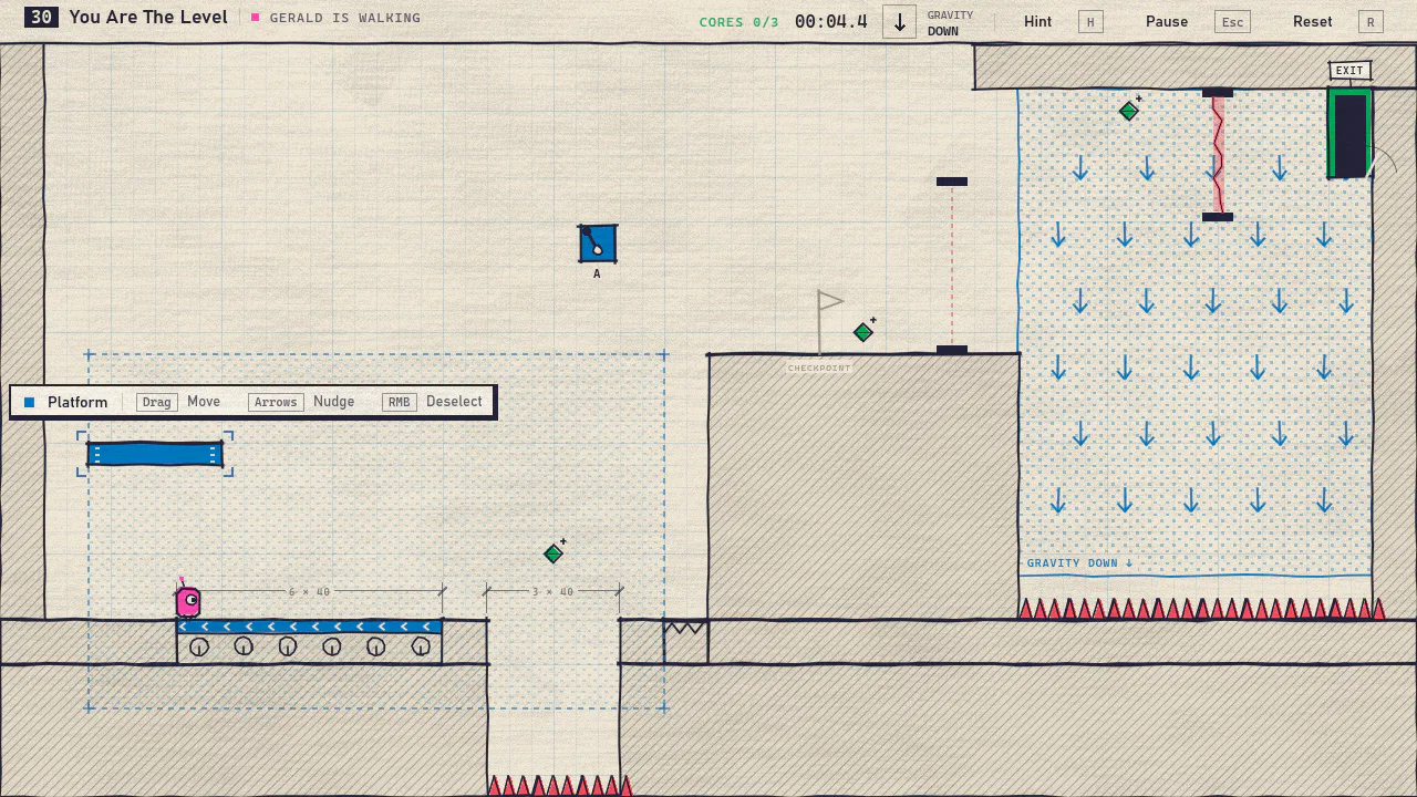 The final level, with belts, lasers, a switch and a gravity field.